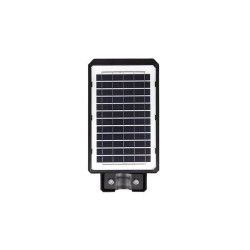 Czarna lampa LED solarna z panelem solarnym i pilotem, widok z przodu i z tyłu