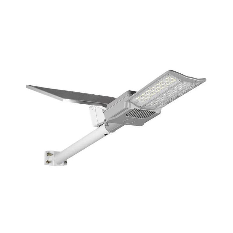 szara lampa solarna LED z panelem solarnym i pilotem IR