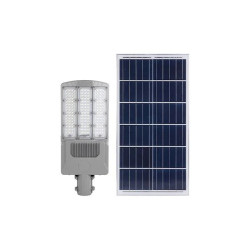 szara lampa solarna LED z panelem solarnym i pilotem IR