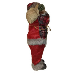 Figurka Świętego Mikołaja stojąca 60 cm w czerwono-szarej kratce z torbą na plecach
