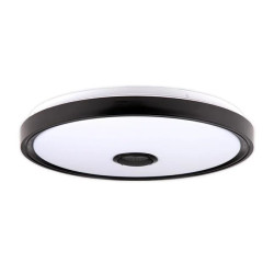 Okrągły plafon LED z czarną ramką i wbudowanym głośnikiem Bluetooth na środku