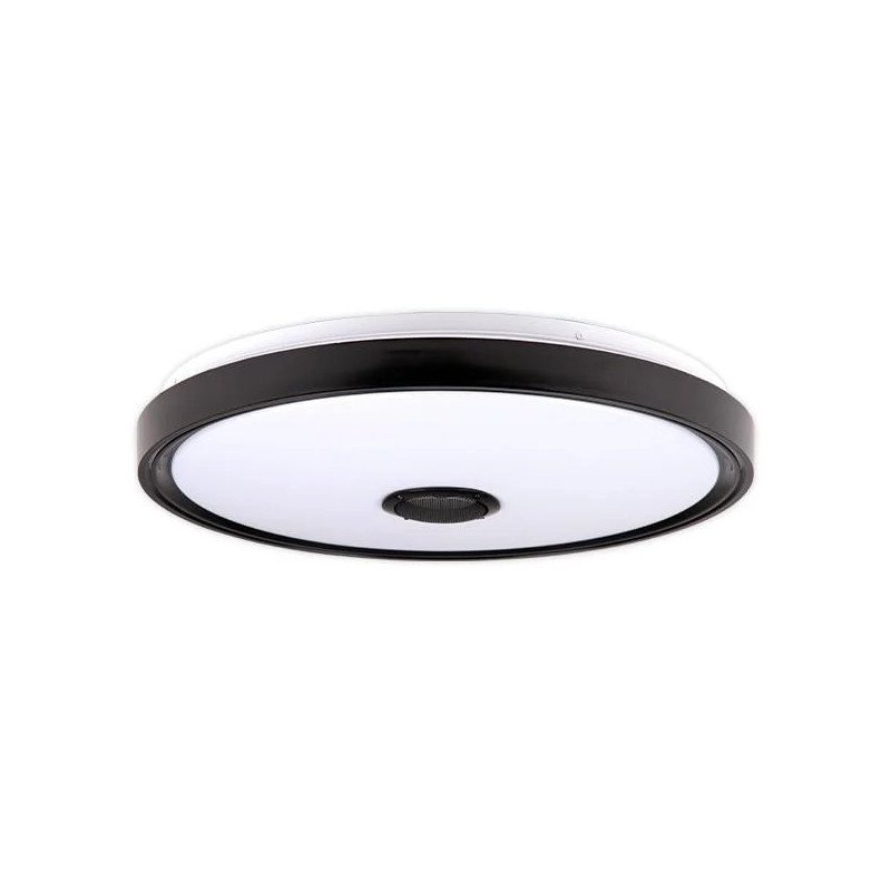 Okrągły plafon LED z czarną ramką i wbudowanym głośnikiem Bluetooth na środku
