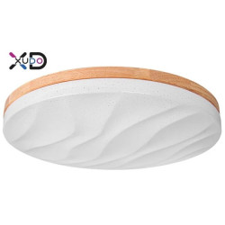 Plafon LED sufitowy 40 cm z białym wzorzystym kloszem i drewnianą obwódką