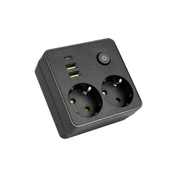 Czarny rozgałęźnik z 2 gniazdami 230V, 2 portami USB-A i 1 portem USB-C oraz przyciskiem włącznika