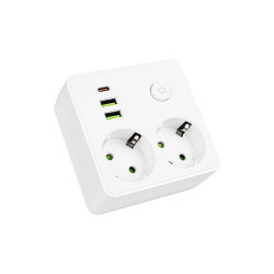 biała listwa zasilająca z 2 gniazdami 230V, 2 portami USB-A i 1 portem USB-C oraz przyciskiem włącznika