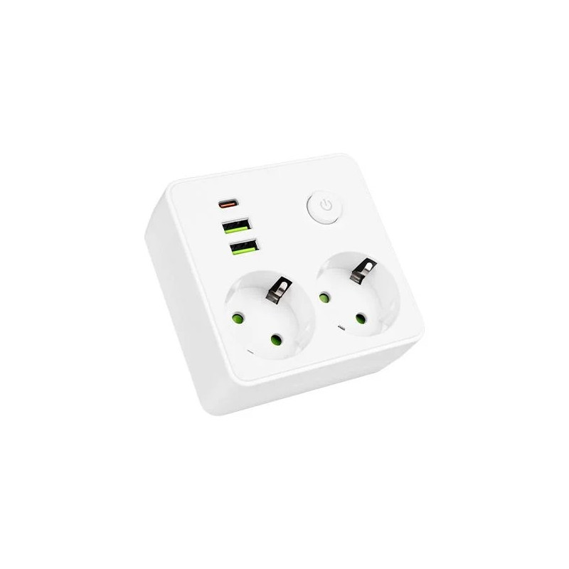 biała listwa zasilająca z 2 gniazdami 230V, 2 portami USB-A i 1 portem USB-C oraz przyciskiem włącznika