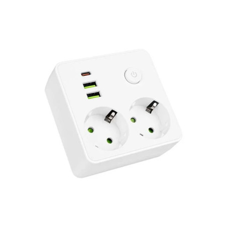 biała listwa zasilająca z 2 gniazdami 230V, 2 portami USB-A i 1 portem USB-C oraz przyciskiem włącznika