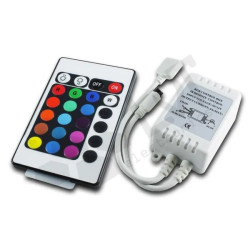 Sterownik LED RGB 72W 12V z pilotem IR 24 przyciski, biały sterownik i pilot z kolorowymi przyciskami