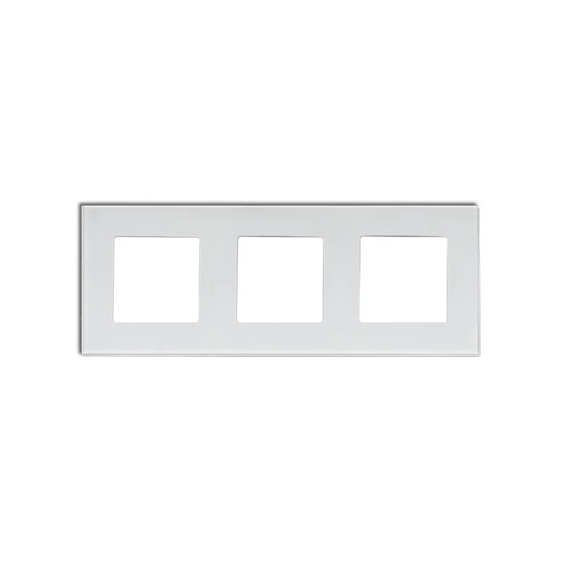 Potrójna biała ramka szklana do modułów elektrycznych 48x48 mm widok z przodu i pod kątem