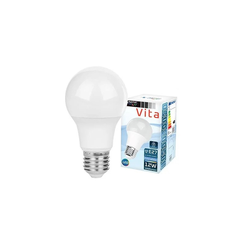biała żarówka LED z gwintem E27 obok opakowania z oznaczeniem 12W i 6200K