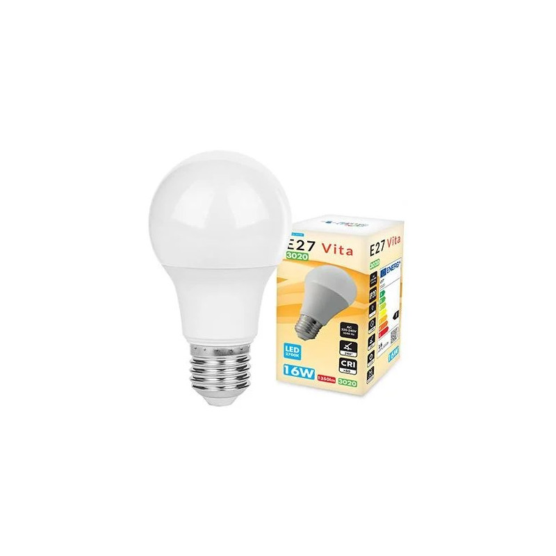Żarówka LED z gwintem E27 i opakowanie produktu z oznaczeniami