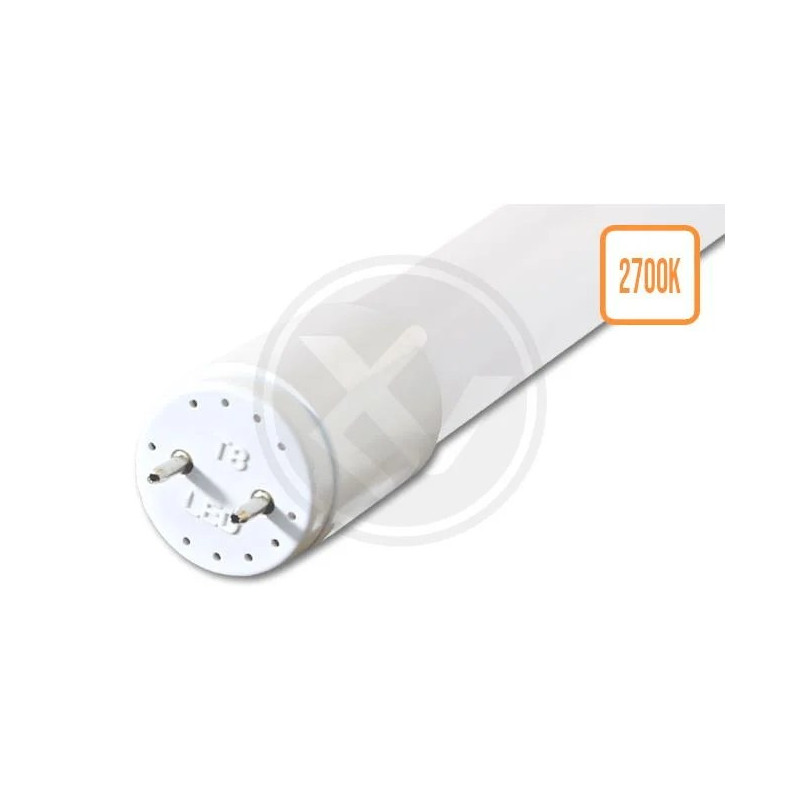 Biała tuba LED T8 o długości 120 cm, z końcówką i oznaczeniem barwy 2700K