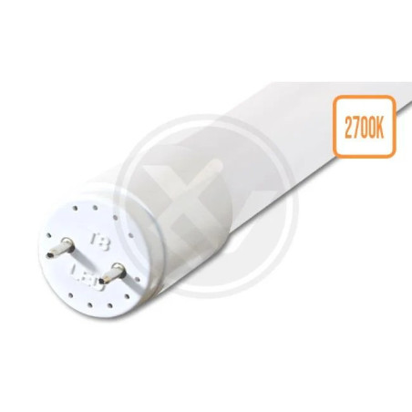 Biała tuba LED T8 o długości 120 cm, z końcówką i oznaczeniem barwy 2700K