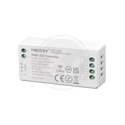 biały sterownik LED RGB RF 12-24V 12A FUT037S z oznaczeniami wejścia i wyjścia