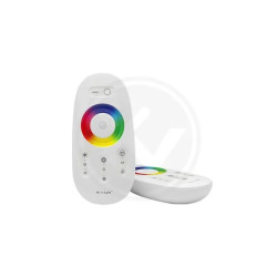 biały pilot radiowy z kolorowym panelem dotykowym i przyciskami do sterowania RGB
