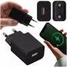 czarny zasilacz wtyczkowy z jednym portem USB, widok z przodu i z boku