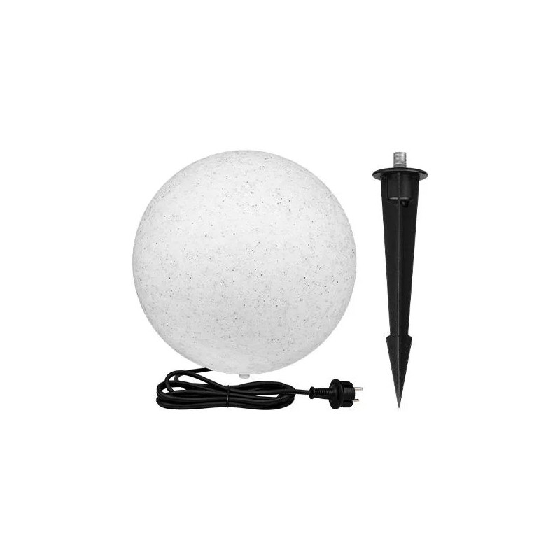 Lampa ogrodowa kula 35 cm w kolorze białym z polietylenu imitującego kamień, kabel z wtyczką i czarny szpikulec