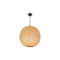 Oprawa wisząca z bambusa i czarnej stali, klosz o średnicy 40 cm, czarny kabel i podsufitka