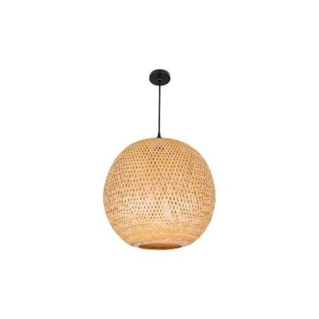 Oprawa wisząca z bambusa i czarnej stali, klosz o średnicy 40 cm, czarny kabel i podsufitka