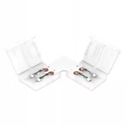 biała złączka kątowa typu L do taśmy LED 8 mm z widocznymi metalowymi stykami