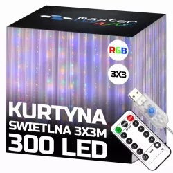 Kurtyna świetlna RGB 300 LED 3x3 metry z pilotem i kablem USB