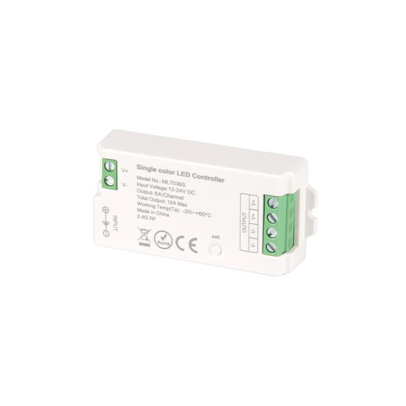 biały sterownik LED Mono RF 12-24V 12A z zielonymi złączami śrubowymi
