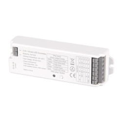 Sterownik LED 5in1 RF biały obudowa z oznaczeniami technicznymi i złączami