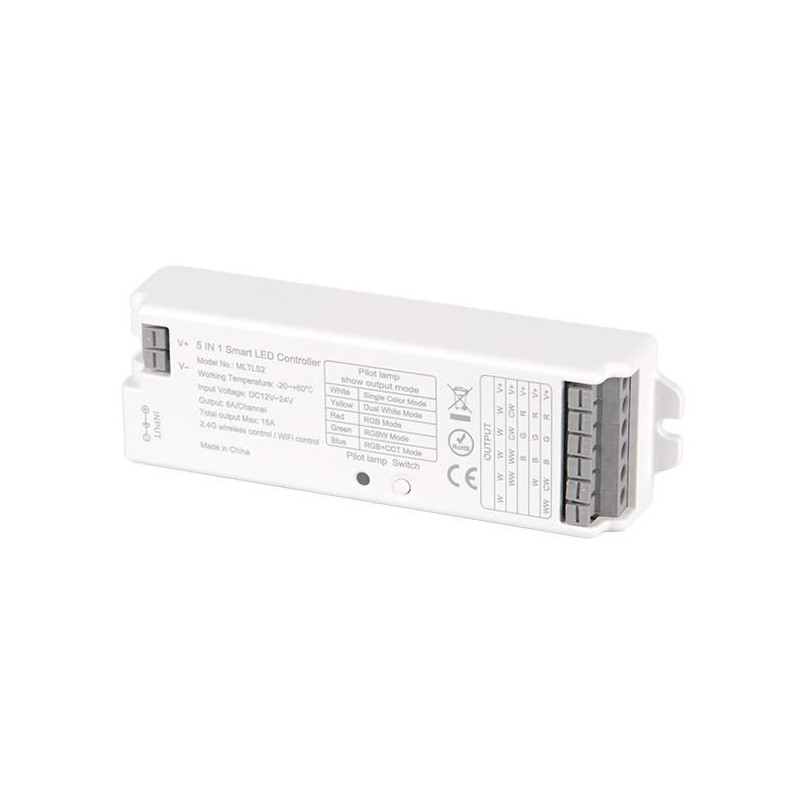 Sterownik LED 5in1 RF biały obudowa z oznaczeniami technicznymi i złączami