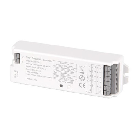 Sterownik LED 5in1 RF biały obudowa z oznaczeniami technicznymi i złączami