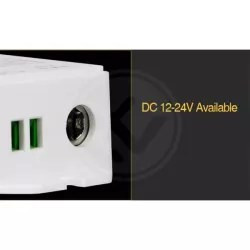 Sterownik LED 5in1 RF biały obudowa z oznaczeniami technicznymi i złączami