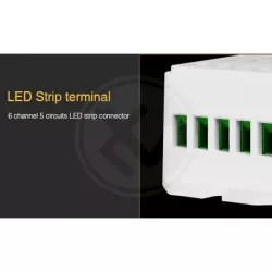 Sterownik LED 5in1 RF biały obudowa z oznaczeniami technicznymi i złączami