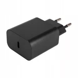 Czarny zasilacz USB-C Quick Charge 20W z widocznym portem USB-C i wtyczką do gniazdka