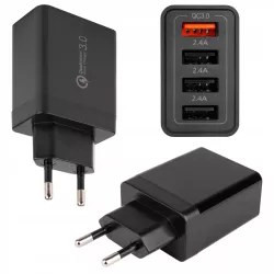 Czarny kompaktowy zasilacz z czterema portami USB-A, jeden port Quick Charge