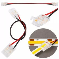 Złączka zatrzaskowa do taśmy LED COB 10 mm z kablem, widoczne złącza i przewody