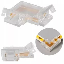 Przezroczysta złączka kątowa do taśmy LED COB 10 mm z widocznymi stykami metalowymi i zatrzaskami