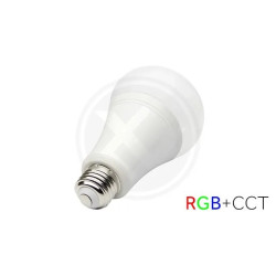 Biała żarówka LED z gwintem E27 o kształcie tradycyjnej żarówki, oznaczenie RGB+CCT