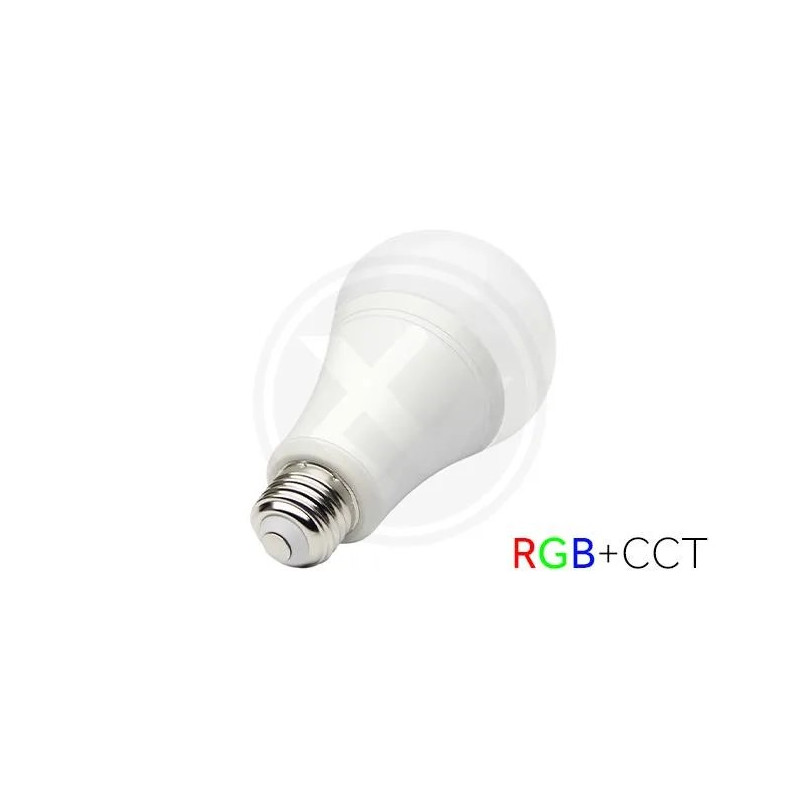 Biała żarówka LED z gwintem E27 o kształcie tradycyjnej żarówki, oznaczenie RGB+CCT