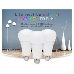 Biała żarówka LED z gwintem E27 o kształcie tradycyjnej żarówki, oznaczenie RGB+CCT