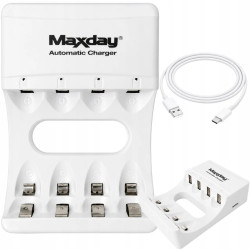 Biała ładowarka do akumulatorków AA i AAA z 4 slotami i kablem USB-C