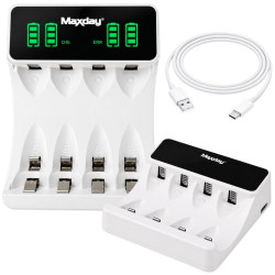 Biała ładowarka do akumulatorków AA i AAA z wyświetlaczem LCD i kablem USB-C
