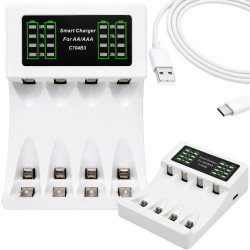 Ładowarka biała USB-C z czterema slotami i wskaźnikiem LED do akumulatorków AA i AAA