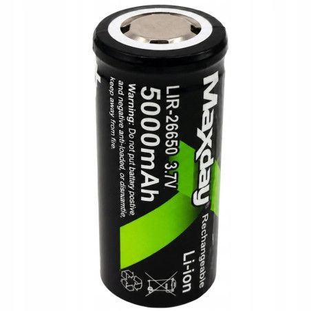 Czarne ogniwo litowo-jonowe 26650 5000mAh 3,7V z oznaczeniami Maxday