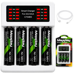 Biała ładowarka na 4 akumulatorki AA z wyświetlaczem LED i kablem USB-C