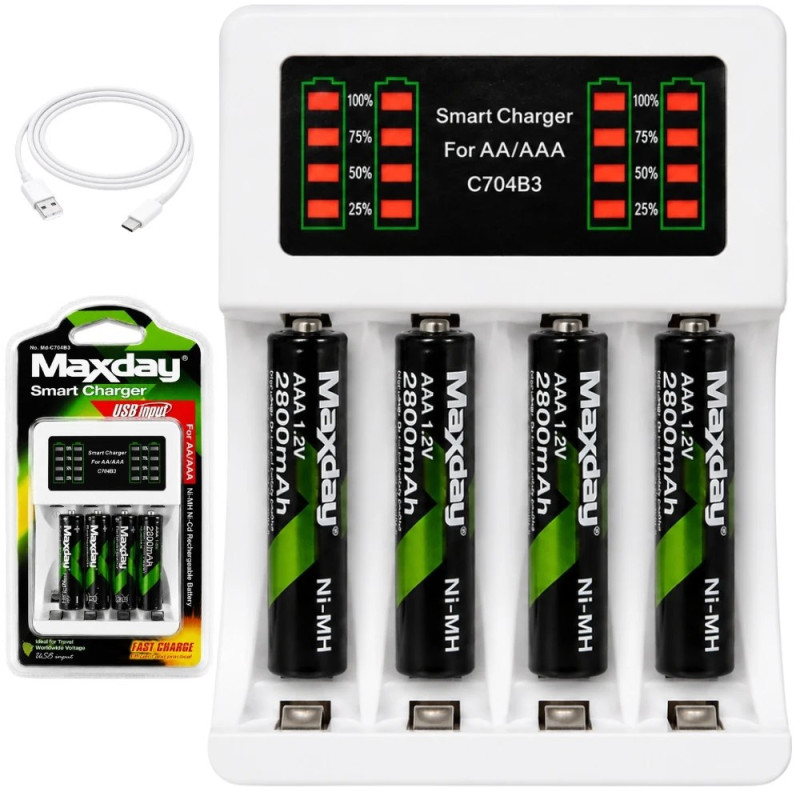 Biała ładowarka do akumulatorków AA i AAA z 4 akumulatorkami AAA i kablem USB-C
