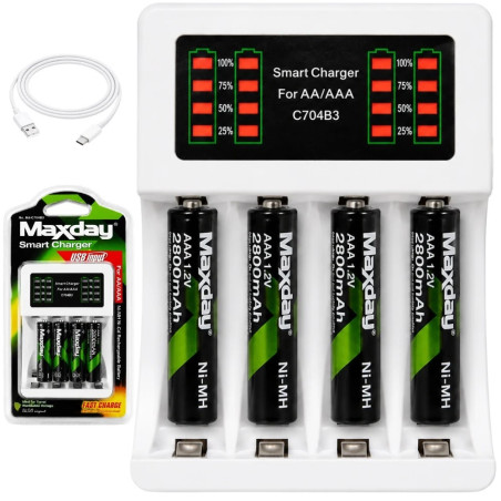 Biała ładowarka do akumulatorków AA i AAA z 4 akumulatorkami AAA i kablem USB-C