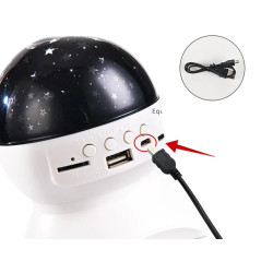 biały projektor gwiazd lampka nocna z głośnikiem bluetooth i portami USB