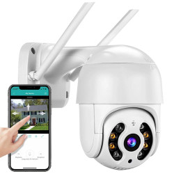 Biała obrotowa kamera zewnętrzna WiFi z antenami i smartfonem z aplikacją do monitoringu