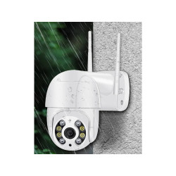Biała obrotowa kamera zewnętrzna WiFi z antenami i smartfonem z aplikacją do monitoringu