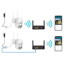 Biała obrotowa kamera zewnętrzna WiFi z antenami i smartfonem z aplikacją do monitoringu