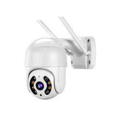 Biała obrotowa kamera zewnętrzna WiFi z antenami i smartfonem z aplikacją do monitoringu